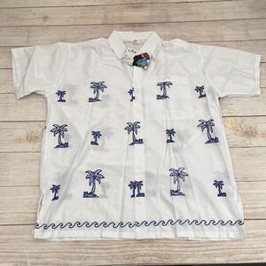 La Leela Tropical Shirt White/ Blue Embroidered Tropical Trees XL Mens